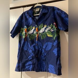 Hawaiian Parrot Print Short Sleeve Button-Down Shirt - Navy